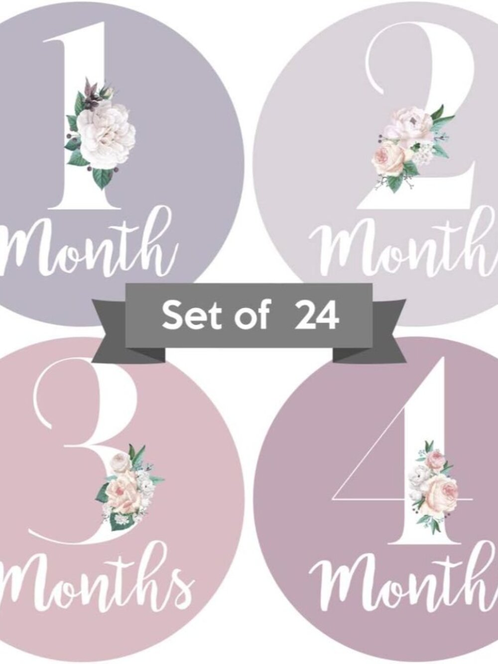 Baby Monthly Milestone Stickers - Set of 24 - Mauve Purple Floral